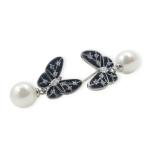 925 Sterling Silver Hanging Tops in Butterfly Shape with Black Colour and White Pearl